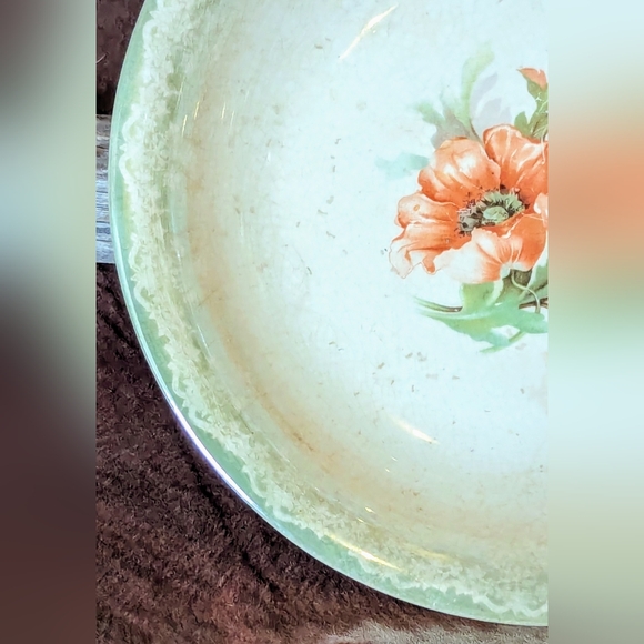Antique Porcelain Bowl With Orange Poppies & Green Border - Picture 9 of 15